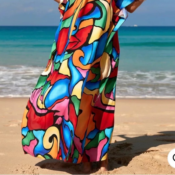 HOST PIC MAXI KAFTAN DRESS BEACH KIMONO ROBE VIBRANT MULTI PRINT OS - Picture 7 of 10